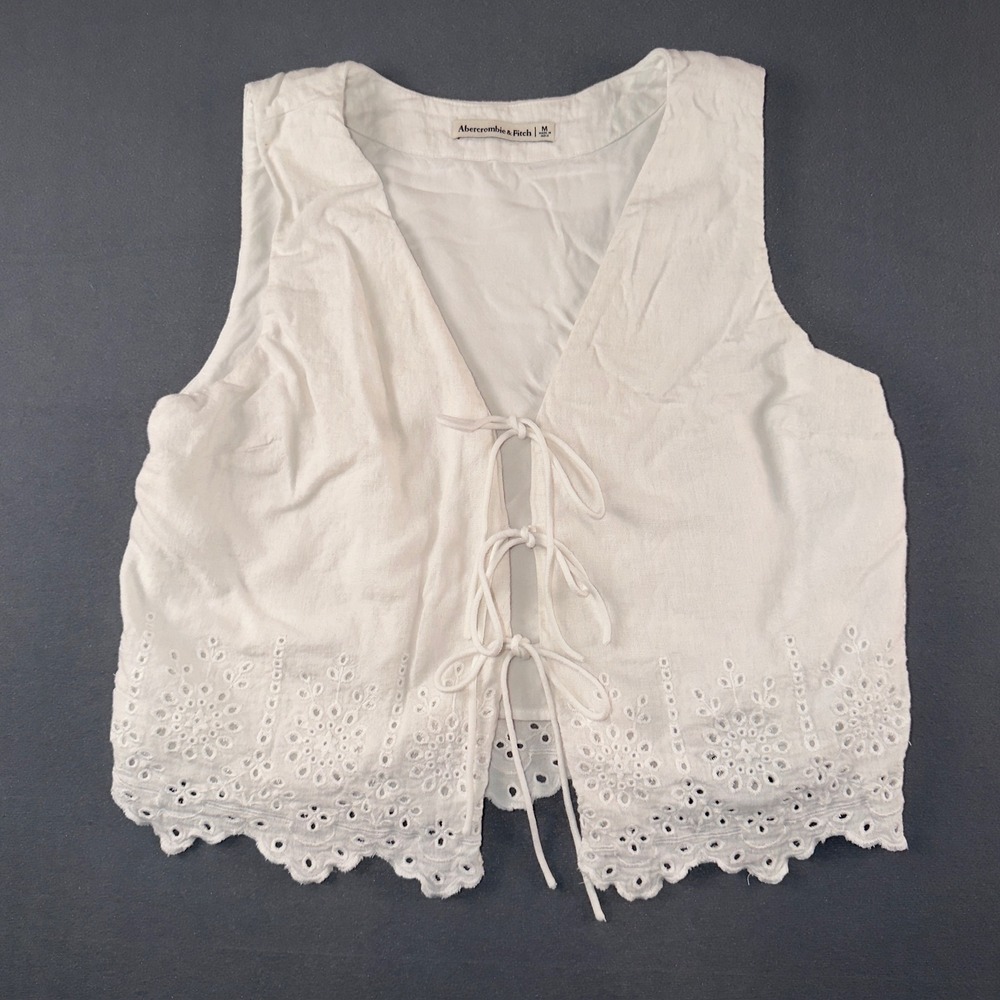 Abercrombie & Fitch Tie Front Linen Blend Eyelet Top White Sleeveless Vest M